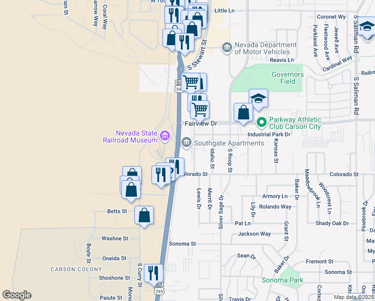 map of restaurants, bars, coffee shops, grocery stores, and more near 2080 California Street in Carson City