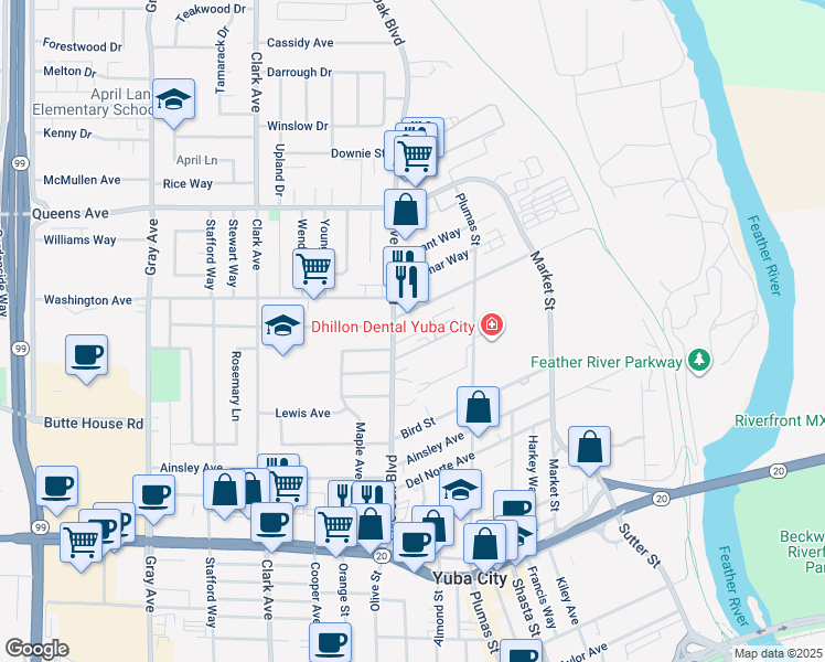 map of restaurants, bars, coffee shops, grocery stores, and more near 1365 Live Oak Boulevard in Yuba City