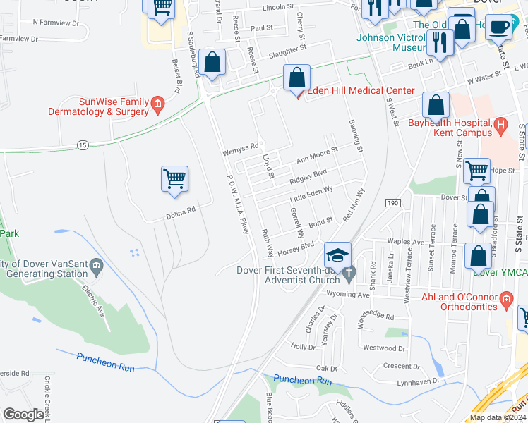 map of restaurants, bars, coffee shops, grocery stores, and more near 525 Little Eden Way in Dover