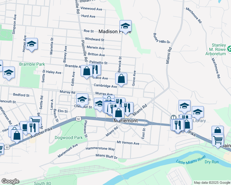 map of restaurants, bars, coffee shops, grocery stores, and more near 6927 Cambridge Avenue in Cincinnati