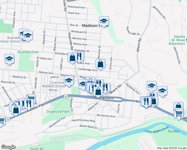 map of restaurants, bars, coffee shops, grocery stores, and more near 6927 Cambridge Avenue in Cincinnati