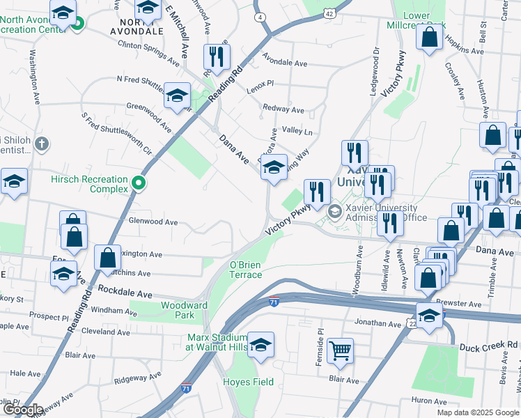 map of restaurants, bars, coffee shops, grocery stores, and more near 1027 Dana Avenue in Cincinnati