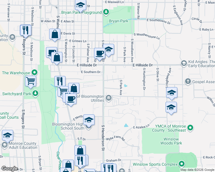 map of restaurants, bars, coffee shops, grocery stores, and more near 1707 South Pinestone Court in Bloomington