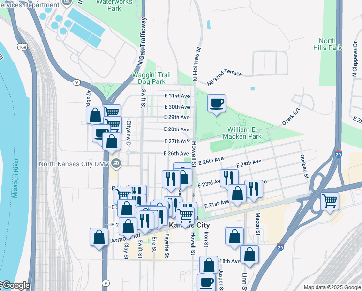 map of restaurants, bars, coffee shops, grocery stores, and more near 2702 Howell Terrace in North Kansas City