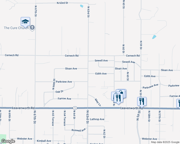 map of restaurants, bars, coffee shops, grocery stores, and more near 3343 North 63rd Street in Kansas City