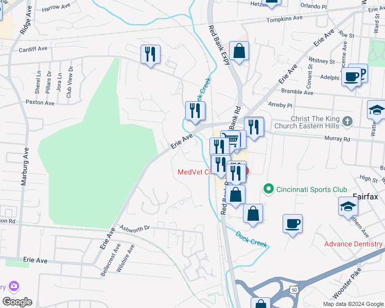 map of restaurants, bars, coffee shops, grocery stores, and more near 3939 Erie Avenue in Cincinnati