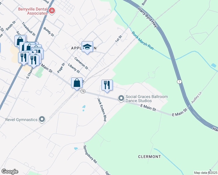 map of restaurants, bars, coffee shops, grocery stores, and more near 17 Bel Voi Drive in Berryville