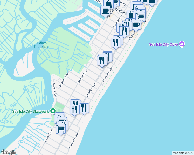 map of restaurants, bars, coffee shops, grocery stores, and more near 5112 Landis Avenue in Sea Isle City