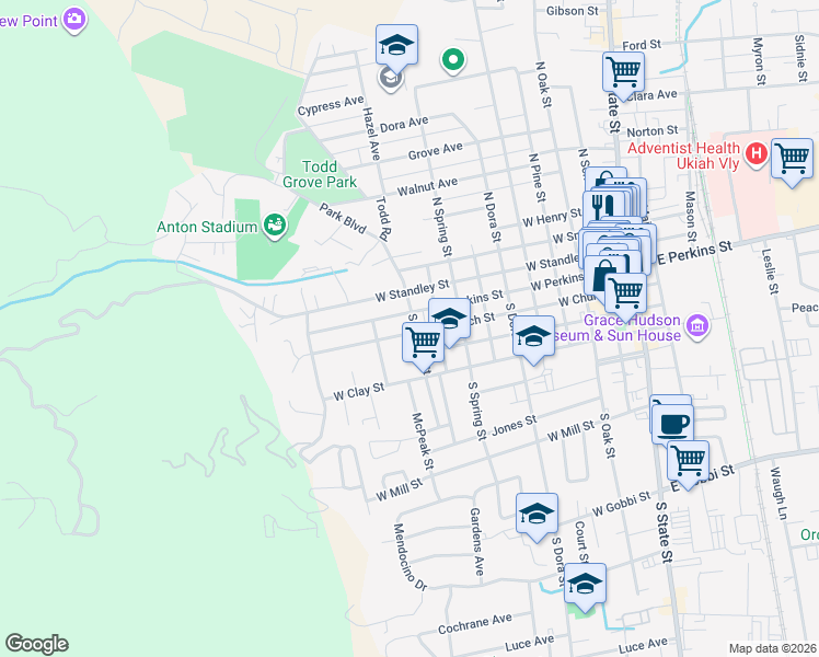 map of restaurants, bars, coffee shops, grocery stores, and more near 106 South Barnes Street in Ukiah