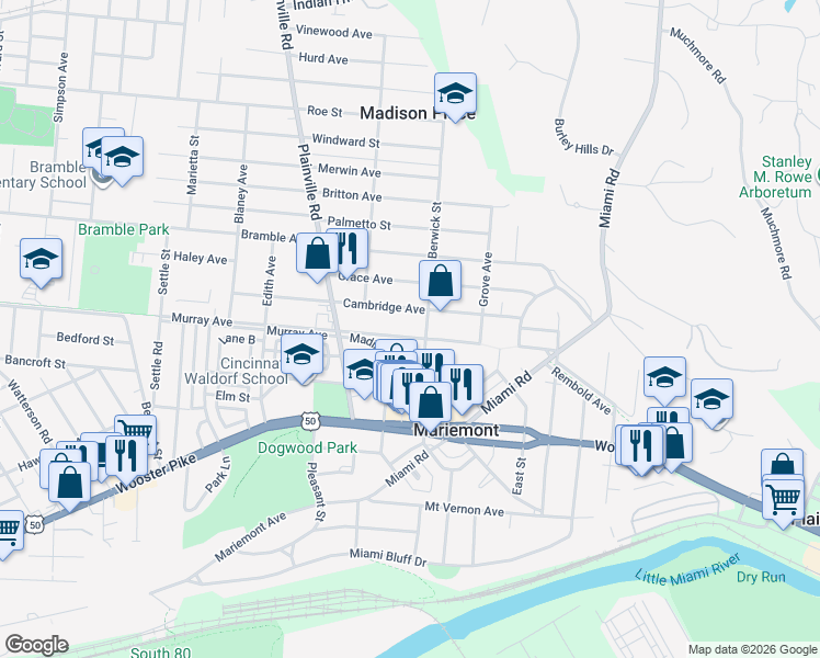 map of restaurants, bars, coffee shops, grocery stores, and more near 6927 Cambridge Avenue in Cincinnati