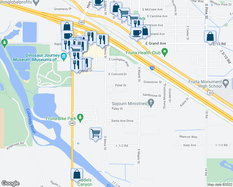 map of restaurants, bars, coffee shops, grocery stores, and more near 104 Bonnie Vista Drive in Fruita