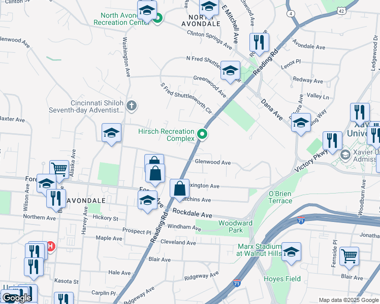 map of restaurants, bars, coffee shops, grocery stores, and more near 3613 Reading Road in Cincinnati