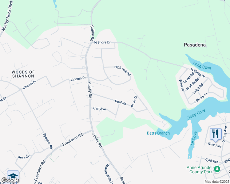 map of restaurants, bars, coffee shops, grocery stores, and more near 7999 Solley Road in Glen Burnie