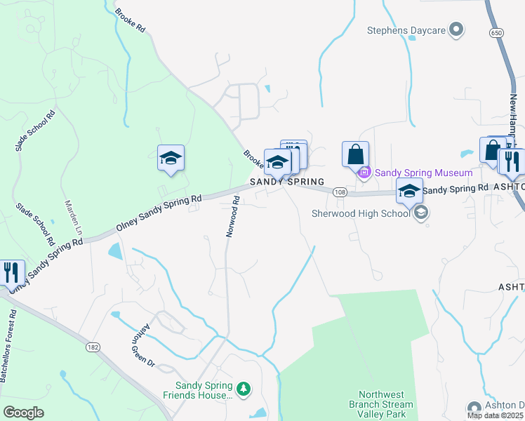 map of restaurants, bars, coffee shops, grocery stores, and more near 1020 Windrush Lane in Ashton-Sandy Spring