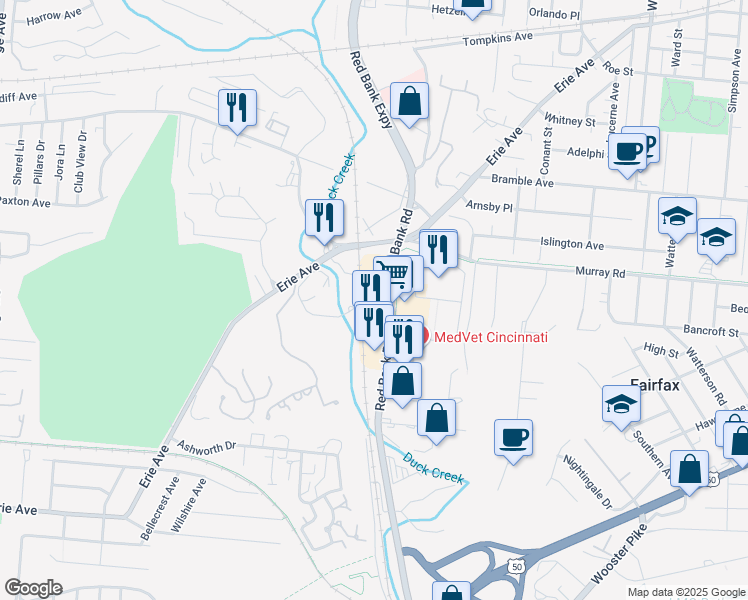 map of restaurants, bars, coffee shops, grocery stores, and more near 4011 Red Bank Road in Cincinnati