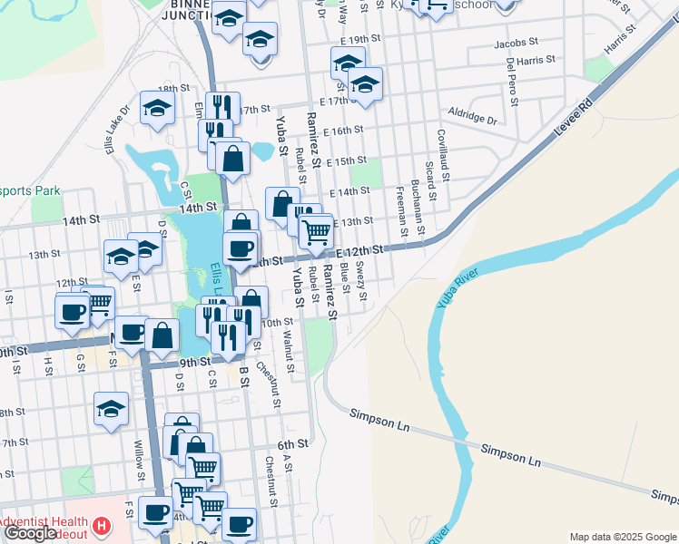map of restaurants, bars, coffee shops, grocery stores, and more near 1107 Ramirez Street in Marysville