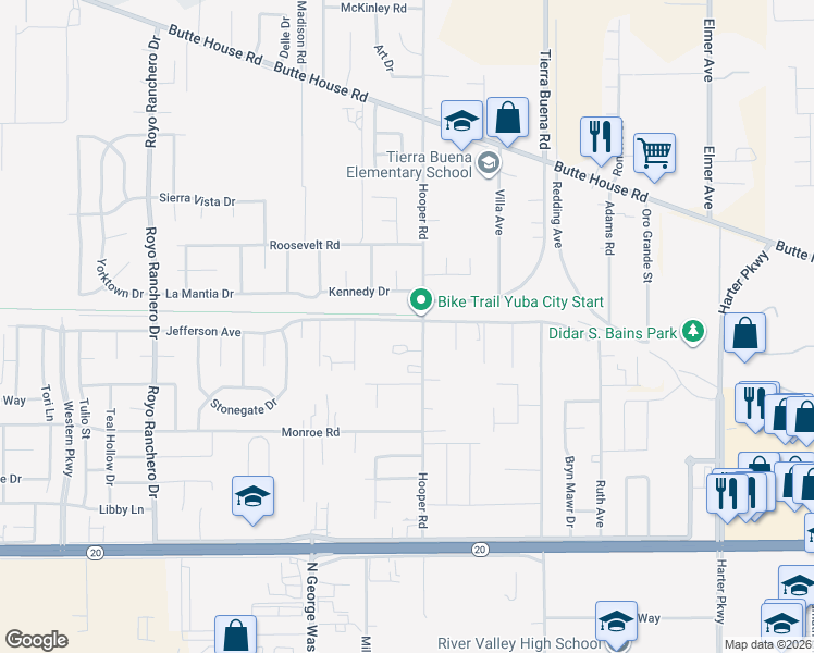 map of restaurants, bars, coffee shops, grocery stores, and more near 2774 Jefferson Avenue in Yuba City