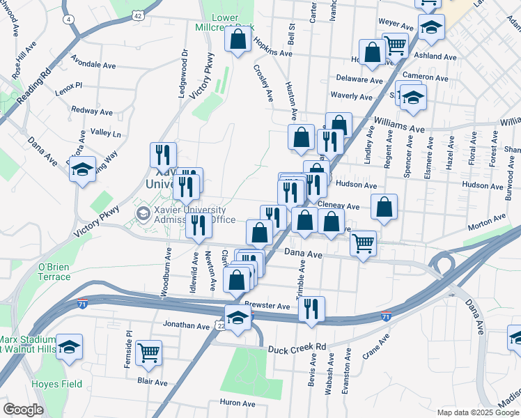 map of restaurants, bars, coffee shops, grocery stores, and more near 1725 Cleneay Avenue in Norwood