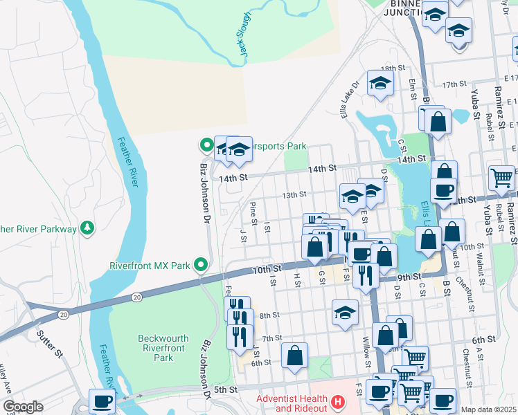 map of restaurants, bars, coffee shops, grocery stores, and more near 826 13th Street in Marysville