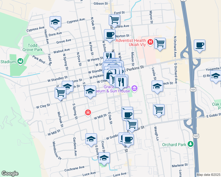 map of restaurants, bars, coffee shops, grocery stores, and more near 207 West Stephenson Street in Ukiah