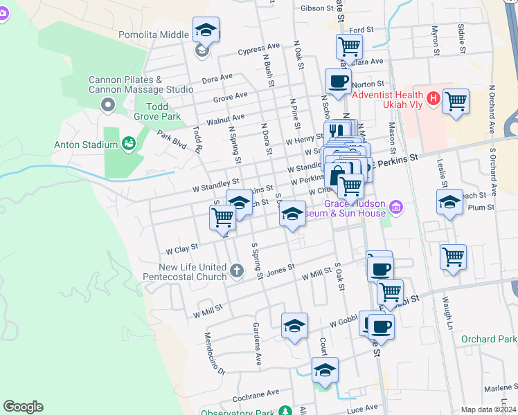 map of restaurants, bars, coffee shops, grocery stores, and more near 615 West Church Street in Ukiah