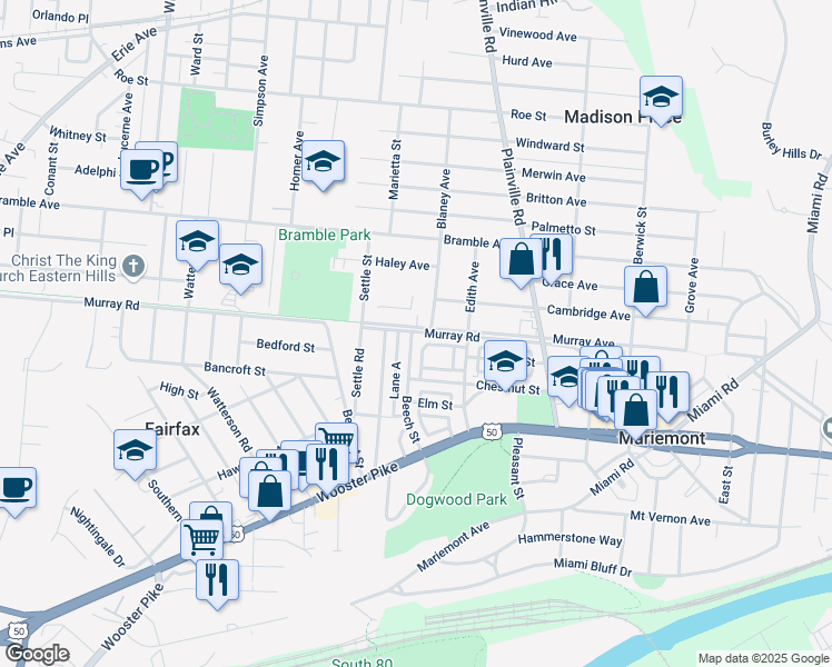 map of restaurants, bars, coffee shops, grocery stores, and more near 6600 Murray Avenue in Cincinnati