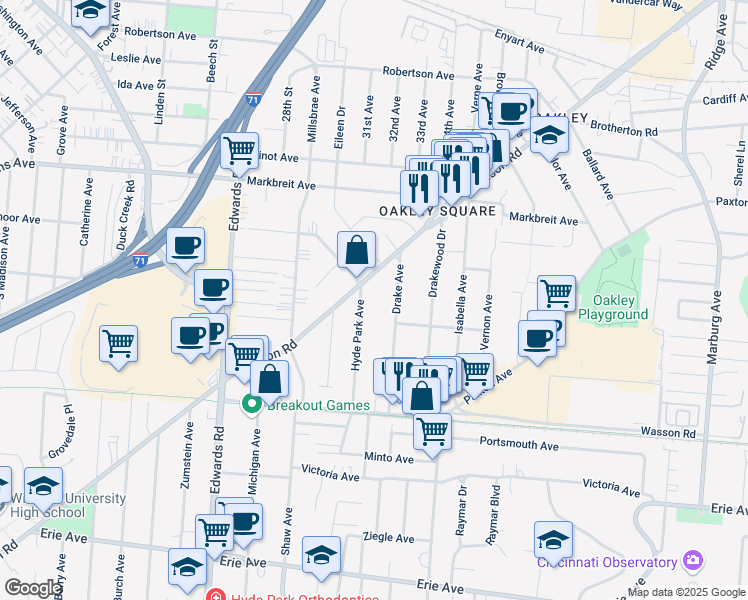 map of restaurants, bars, coffee shops, grocery stores, and more near 2905 Madison Road in Cincinnati