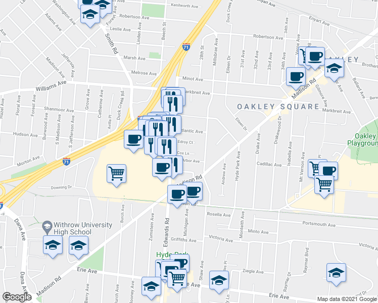 map of restaurants, bars, coffee shops, grocery stores, and more near 2731 Edroy Court in Cincinnati