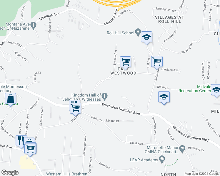 map of restaurants, bars, coffee shops, grocery stores, and more near 3450 McHenry Avenue in Cincinnati