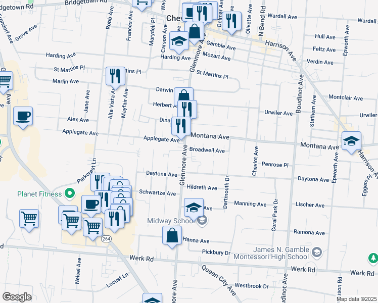 map of restaurants, bars, coffee shops, grocery stores, and more near 3306 Broadwell Avenue in Cincinnati