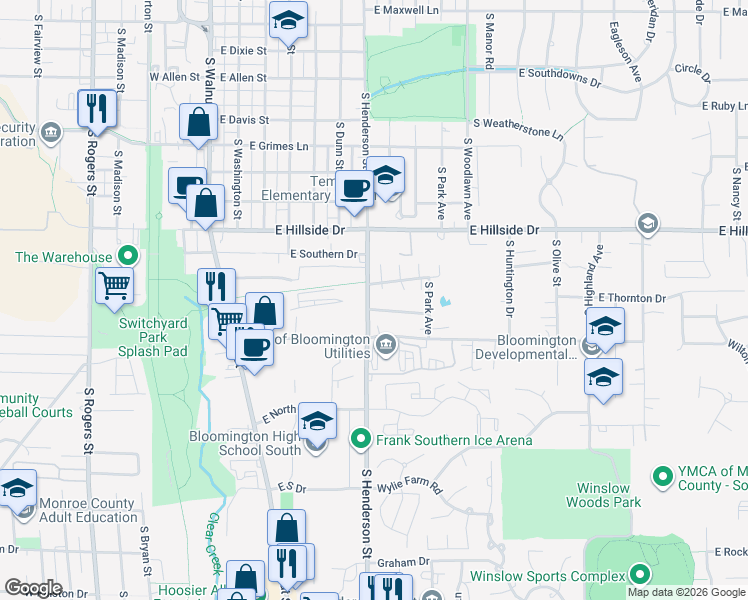 map of restaurants, bars, coffee shops, grocery stores, and more near 1707 South Pinestone Court in Bloomington