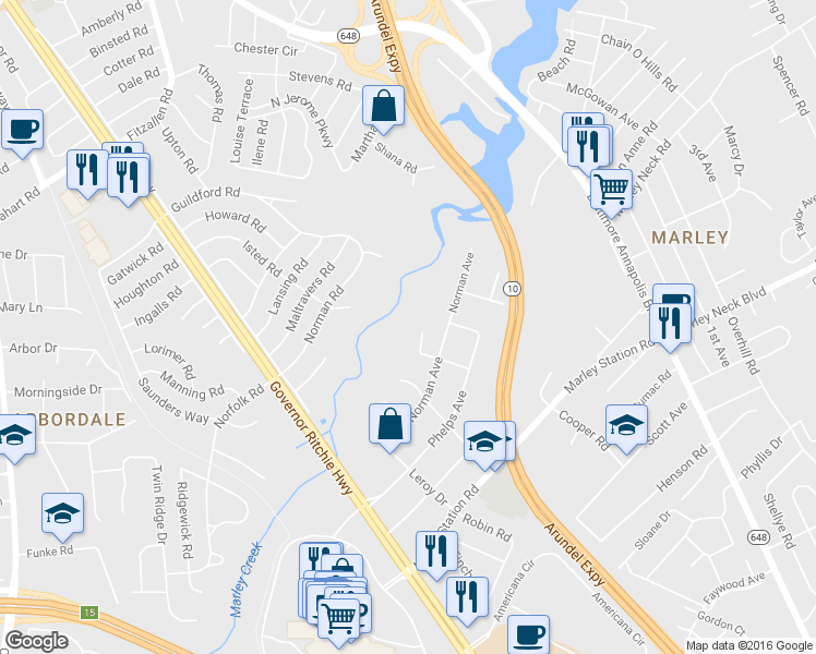 map of restaurants, bars, coffee shops, grocery stores, and more near 1709 Dixon Drive in Glen Burnie
