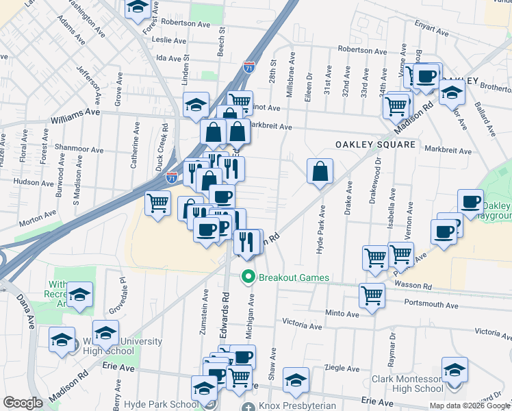 map of restaurants, bars, coffee shops, grocery stores, and more near 2731 Edroy Court in Cincinnati