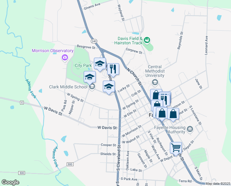 map of restaurants, bars, coffee shops, grocery stores, and more near North Cleveland Street in Fayette