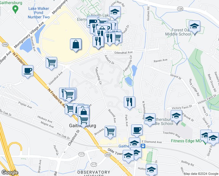 map of restaurants, bars, coffee shops, grocery stores, and more near 300 Russell Avenue in Gaithersburg