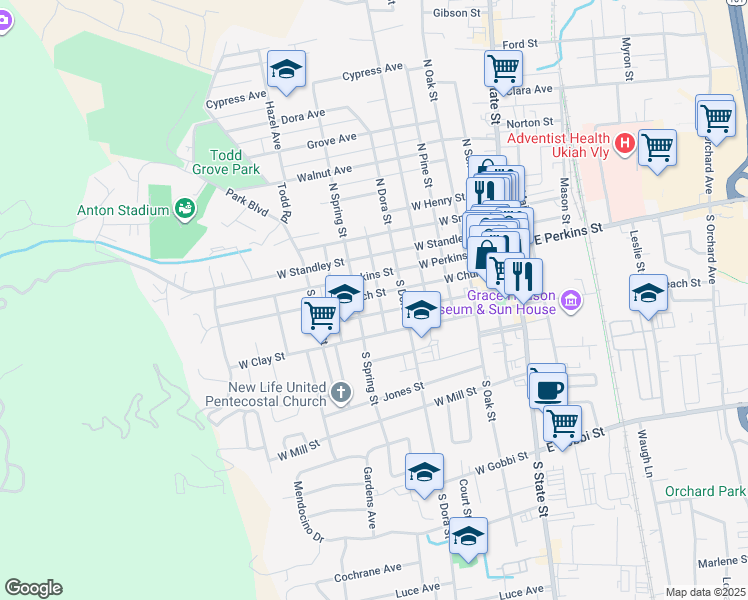 map of restaurants, bars, coffee shops, grocery stores, and more near 204 South Hortense Street in Ukiah