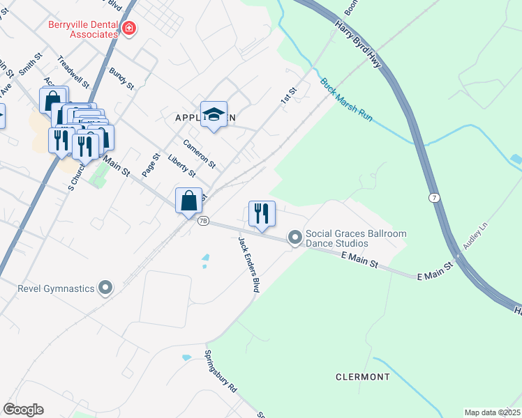 map of restaurants, bars, coffee shops, grocery stores, and more near 19 Bel Voi Drive in Berryville