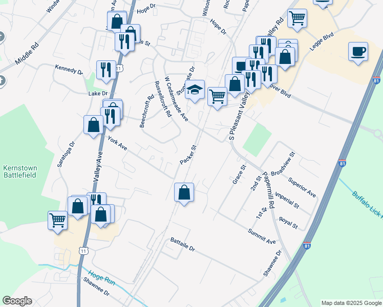map of restaurants, bars, coffee shops, grocery stores, and more near 2833 Packer Street in Winchester