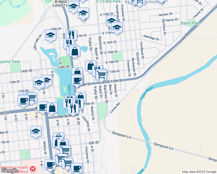 map of restaurants, bars, coffee shops, grocery stores, and more near 106 East 12th Street in Marysville