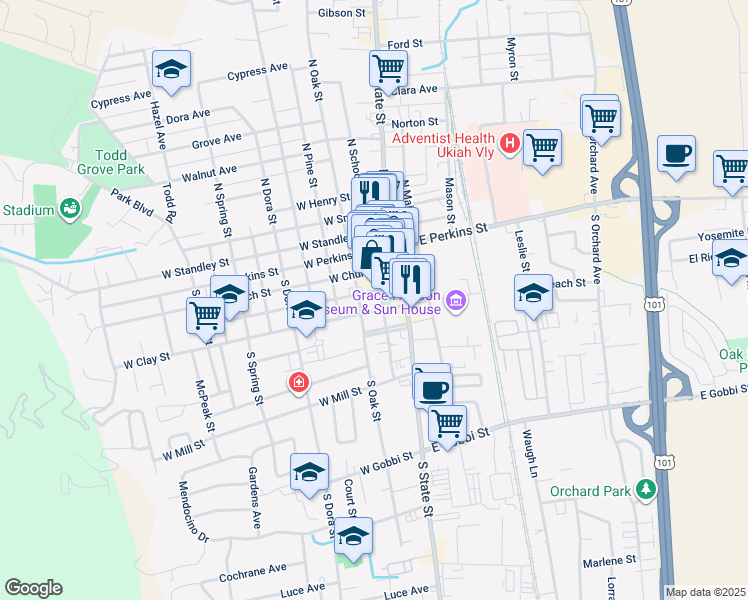 map of restaurants, bars, coffee shops, grocery stores, and more near 308 South School Street in Ukiah