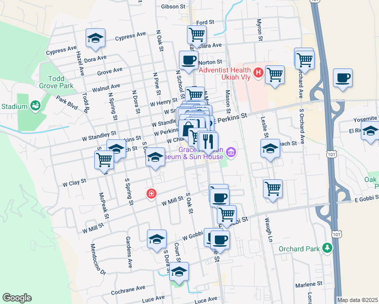 map of restaurants, bars, coffee shops, grocery stores, and more near 308 South School Street in Ukiah