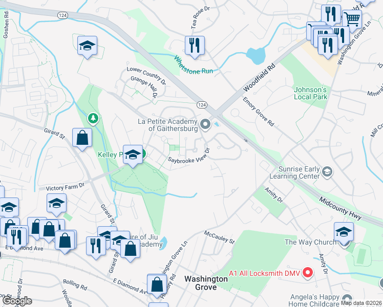 map of restaurants, bars, coffee shops, grocery stores, and more near 9 Meadowgate Circle in Gaithersburg