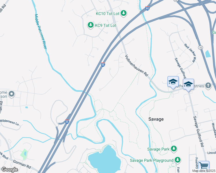 map of restaurants, bars, coffee shops, grocery stores, and more near 9391 Spring Water Path in Jessup
