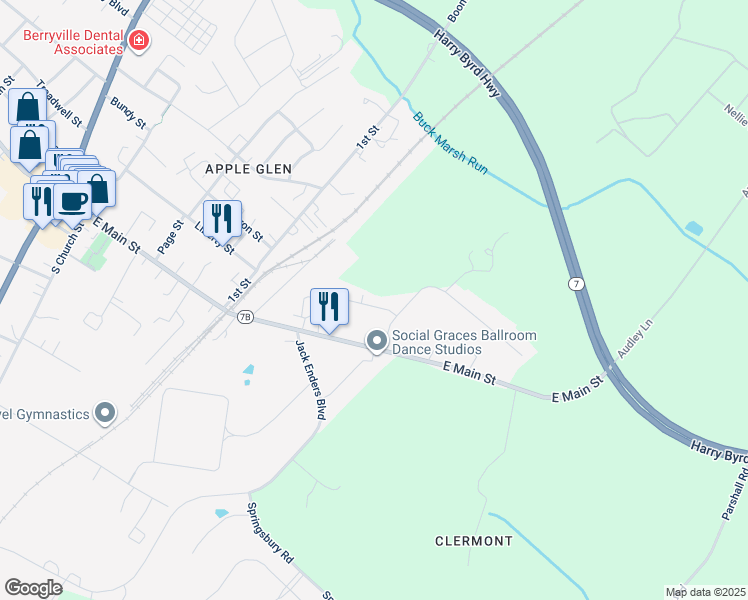 map of restaurants, bars, coffee shops, grocery stores, and more near 8 Bel Voi Drive in Berryville
