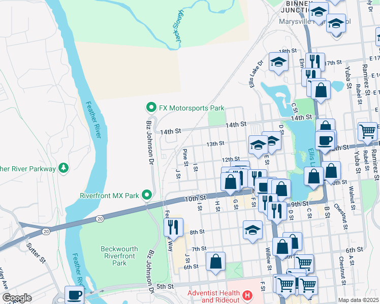 map of restaurants, bars, coffee shops, grocery stores, and more near 1224 I Street in Marysville