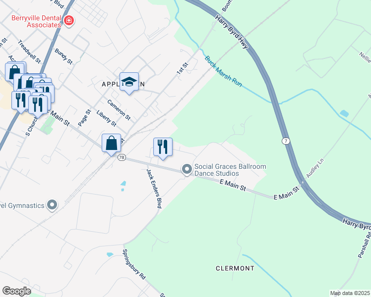 map of restaurants, bars, coffee shops, grocery stores, and more near 8 Bel Voi Drive in Berryville