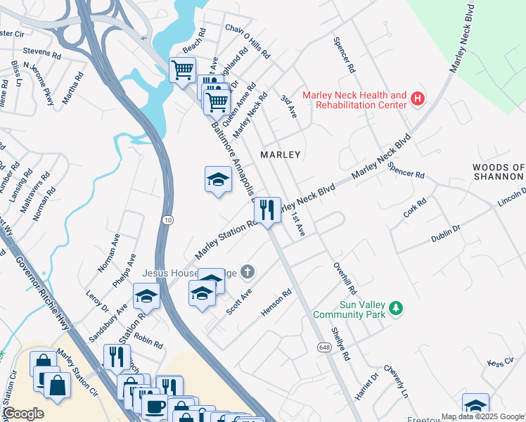 map of restaurants, bars, coffee shops, grocery stores, and more near 7747 Baltimore Annapolis Boulevard in Glen Burnie