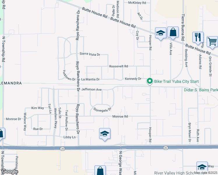 map of restaurants, bars, coffee shops, grocery stores, and more near 3085 Jefferson Avenue in Yuba City