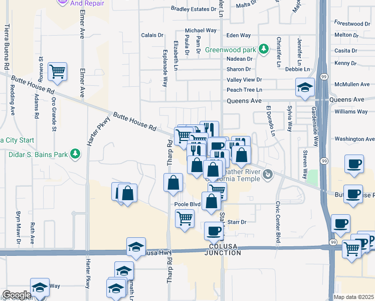 map of restaurants, bars, coffee shops, grocery stores, and more near 1465 Tharp Road in Yuba City