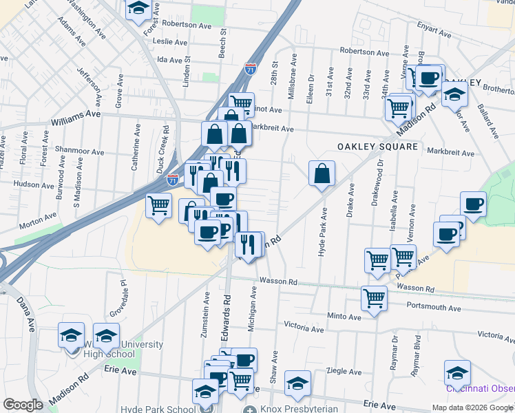 map of restaurants, bars, coffee shops, grocery stores, and more near 2731 Edroy Court in Cincinnati